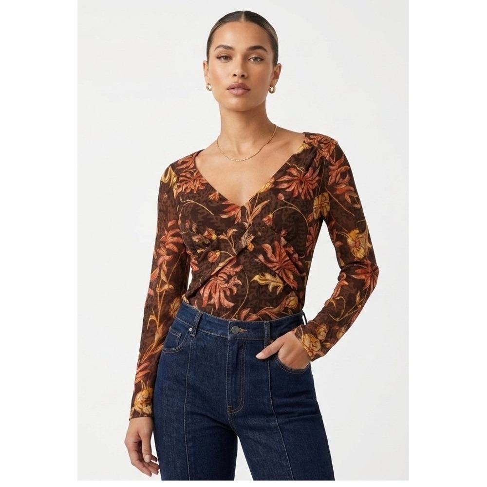W by Worth Mesh Top Large Brown Floral Twist Front Bell Sleeve V-Neck